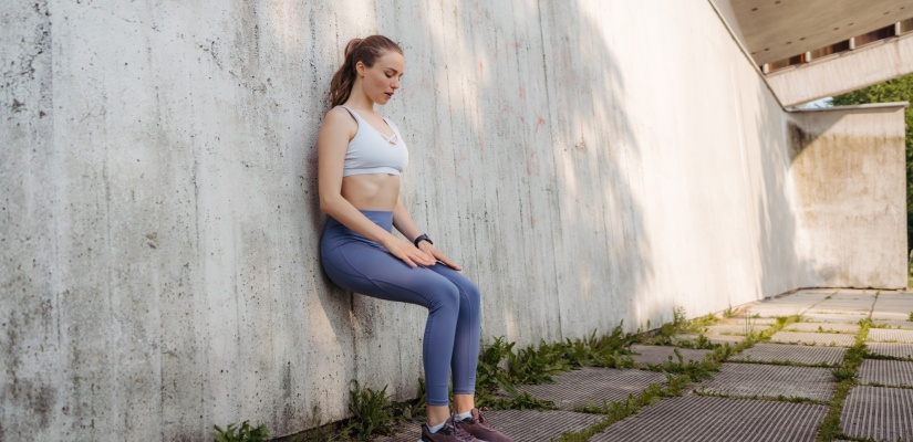 wall sit: Portrait of young sporty woman in sportswear excercising in front of concrete wall in the city.